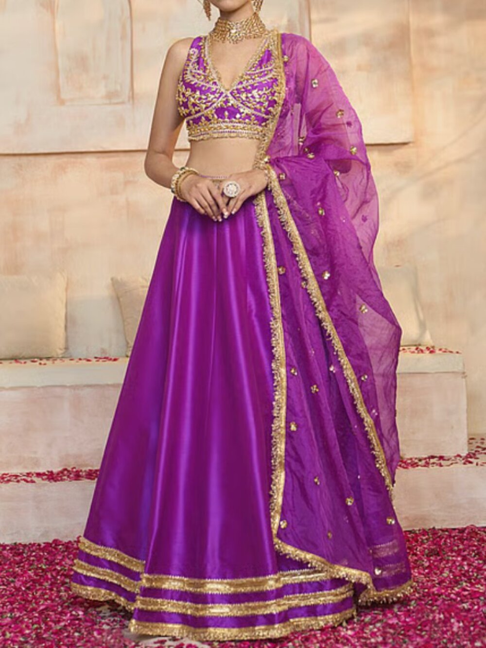 Embellished Purple Lengha with Gold Accents-Preeti Kapoor